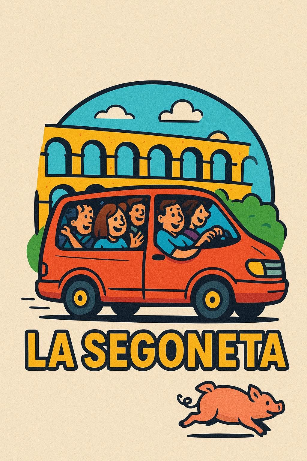La Segoneta, ilustración del acueducto de Segovia y la furgoneta compartida